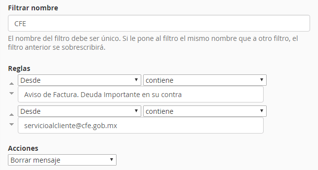 filtro para bloquear correo falso de cfe